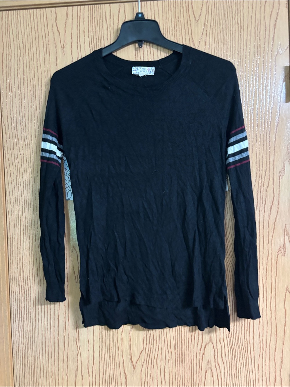 Pink Republic Black Crewneck Sweater with White and Burgundy Sleeve Stripes